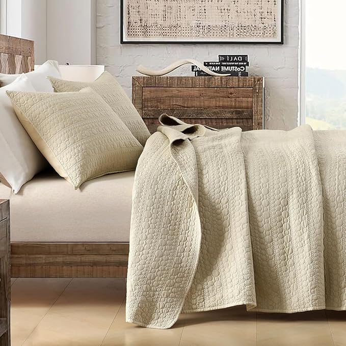 HORIMOTE HOME Quilt Set Queen Size Brich Beige, Classic Geometric Spots Stitched Pattern, Pre-Washed Microfiber Chic Rustic Look, Ultra Soft Lightweight Quilted Bedspread for All Season, 3 Pieces