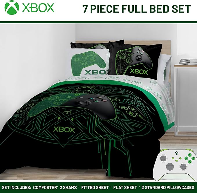 Jay Franco Kids Comforter Set Includes Sheets and Pillow Covers - Soft and Cozy Bed Set for Stylish Room Decor, Official Licensed Product, White - Xbox, 7 Piece Full