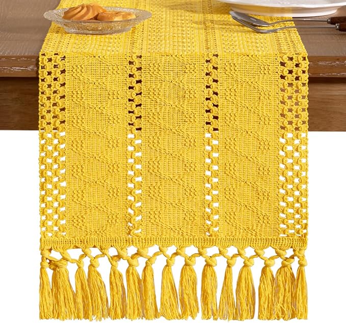 Socomi Boho Table Runner Valentine's Day Farmhouse Rustic Dining Kitchen Centerpiece Decor Small Macrame Woven Cotton Linen Coffee Table Runner for Dresser Scarf Home Decor 12x72 in Yellow Gold