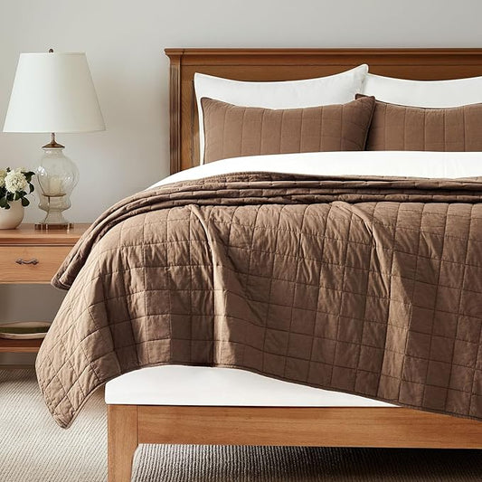 EVERGRACEHOME 100% Cotton Box Stitch Quilt Bedding Set Queen Size 3 Pieces, Garment-Washed Lightweight Soft Cozy Coverlet, Quilted Bedspread Sets with 2 Shams for All Season, Sienna Brown