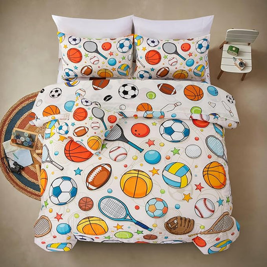 A Nice Night 6Pcs Queen Bedding Set for Boys, Sports Theme Comforter with Curling, Baseball & Basketball Design, Soft Athletic Kids Bedroom Decor(Yellow)