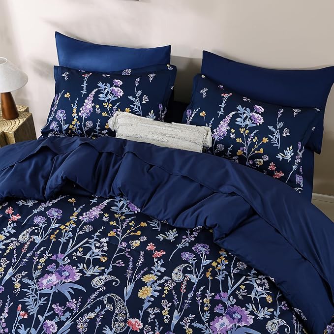 Yiran Navy Floral Comforter Set King Size, 7 Piece Blue Botanical Flowers Comforter Bedding Set, Bed in a Bag King, Soft Microfiber Complete Bedding Set with Sheets for All Season