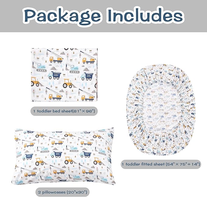 Kids Sheet Set Full Size, Boys Full Sheet Set with White Car Pattern，Breathable Silky Soft Microfiber Kids Fitted Sheet