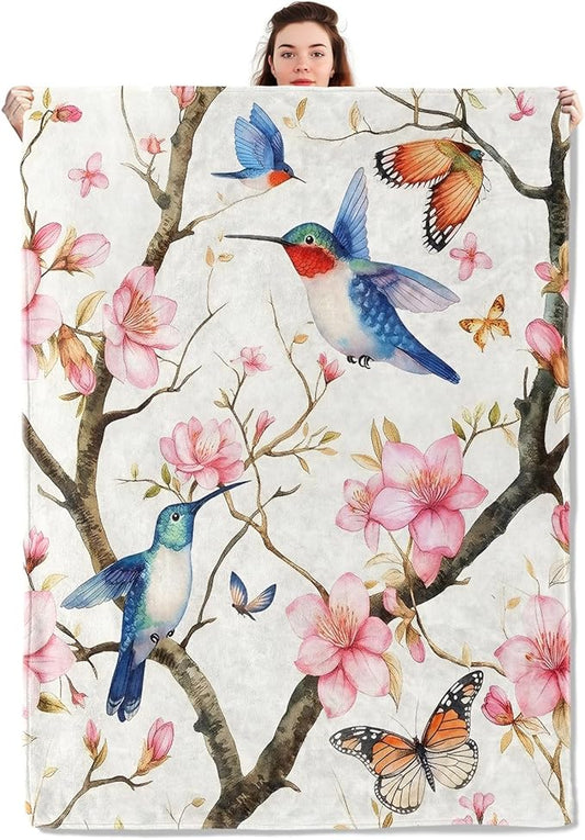Watercolor Hummingbird Blanket Lightweight Blankets Gifts for Nature Lover Flannel Throw with Pink Cherry Blossom and Butterfly Printed for Sofa, Bed, Travel, Spring Decor Throws 50x40 Inch