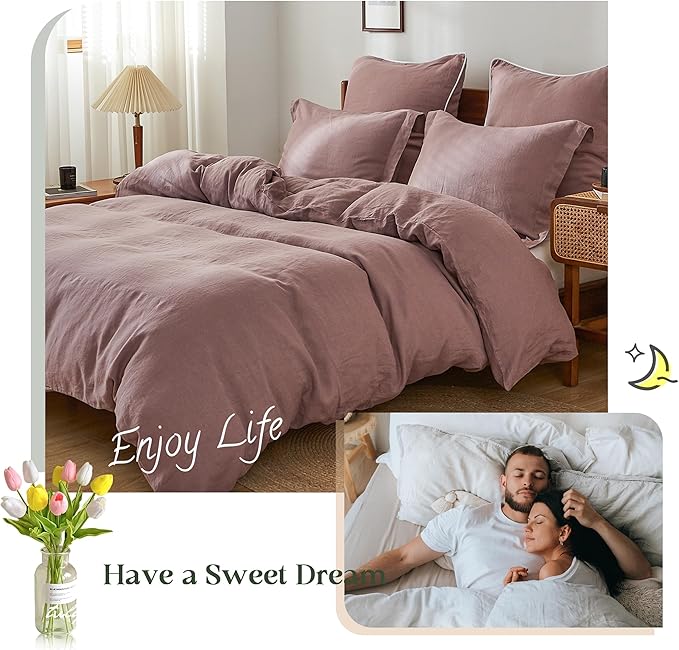 Simple&Opulence 100% Linen Duvet Cover Set, 3 PCS Natural French Flax Purple Duvet Cover Queen Size, Breathable Soft Comfy Linen Bedding Comforter Cover with 2 Pillowcases(Purple, 88"x92")