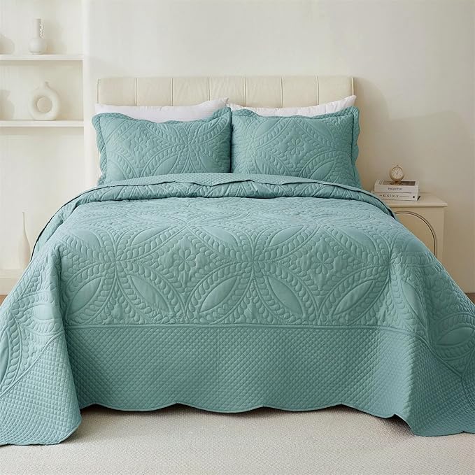 Cmfshape King Bedspread 106"x96",3 Piece King Quilt with 2 Shams,Lightweight Steel Blue Quilt Set for All Season,Modern Coin Pattern Bedding Set,Teal