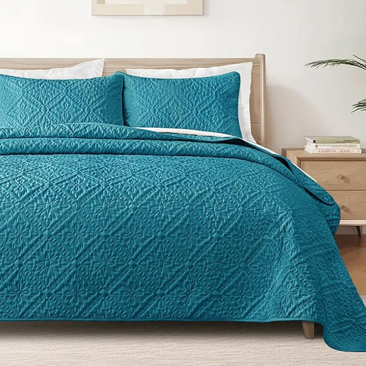 Exclusivo Mezcla King Quilt Bedding Set, Lightweight Soft Bedspreads Coverlets with 2 Pillow Shams, Modern Teal Oversized Quilts King Size for All Seasons