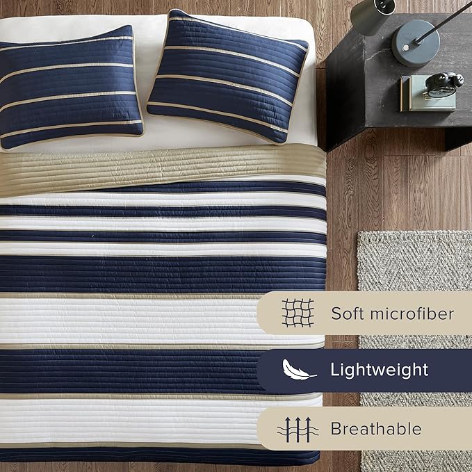 Comfort Spaces Quilt Set Trendy Casual Fun, Vibrant Color Design, Hypoallergenic All Season, Lightweight Coverlet Bedspread Cozy Kids Bedding & Sham Twin/Twin XL Verone White Blue Stripe 2 Piece