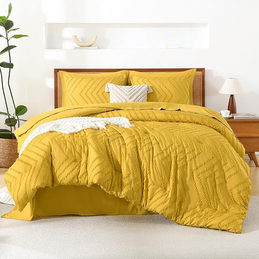 Litanika King Size Comforter Set with Sheets Mustard Yellow - 7 Pieces Bed in a Bag King Chevron Tufted Complete Bedding Sets with Comforter, Sheets, Pillowcases & Shams