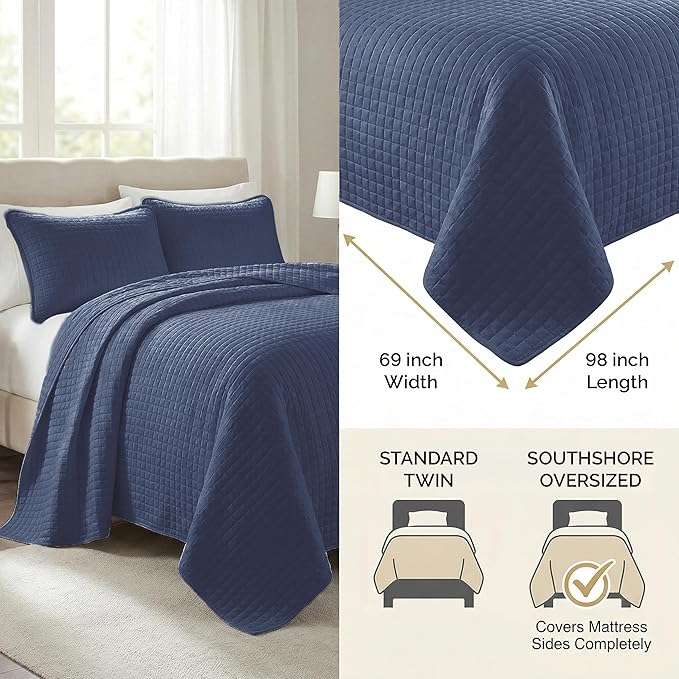 Southshore Fine Living, Inc. Twin Quilt Bedding Set, Soft Microfiber Summer Bedspread Coverlet, Stain and Pet Hair Resistant Bedding, Machine Washable Twin XL Quilt Set with 1 Pillow Sham, Dark Blue