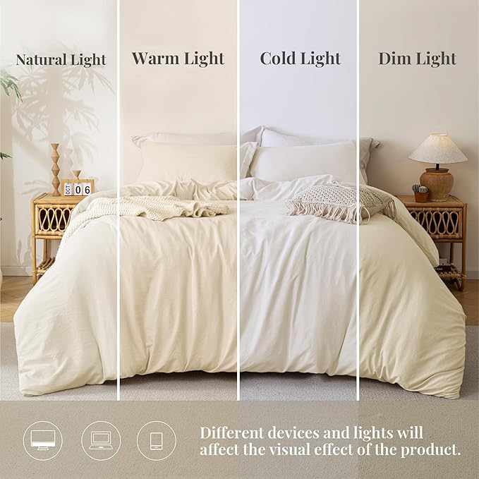 MILDLY Super Soft Duvet Cover - 100% Washed Microfiber Beige Comforter Cover Set 3 Pieces with Zipper Closure & Corner Ties (No Comforter)