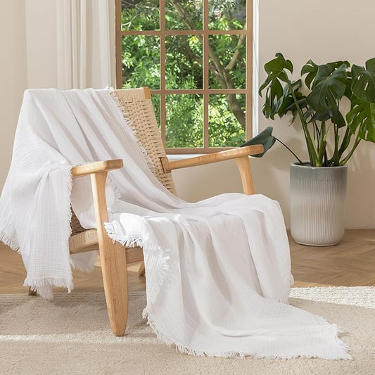 MooMee Muslin Blanket - 100% Cotton 4-Layer Gauze Throw Blanket with All-Around Fringe, Ultra-Soft Breathable Lightweight Cooling Decorative for Bed, Sofa & Couch (Bright White,Twin XL 66" x 90")