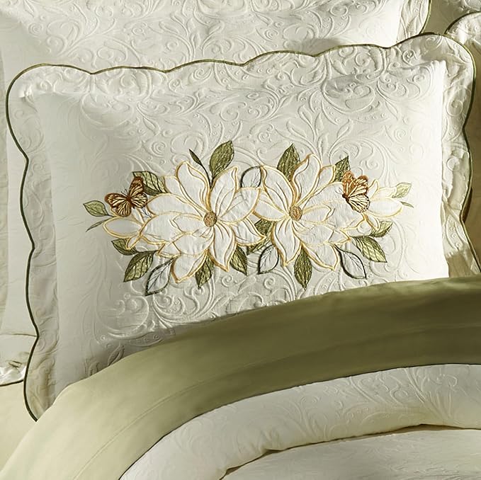 Sweetbay Garden Luxury Matelasse Bedding | Magnolia Flower, Butterfly, & Leaf Velvet Appliques | 4-Pc Ivory Textured Scroll Lightweight Bed Set with Oversized King Coverlet, Bedskirt, and 2 King Shams
