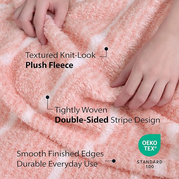 DEZ FURNISHINGS Oversized Cozy Knit Look Cloud-Soft Plush Printed Fleece Throw Blanket, Lightweight & Breathable, Queen (90" x 90"), Peach Pink Stripe
