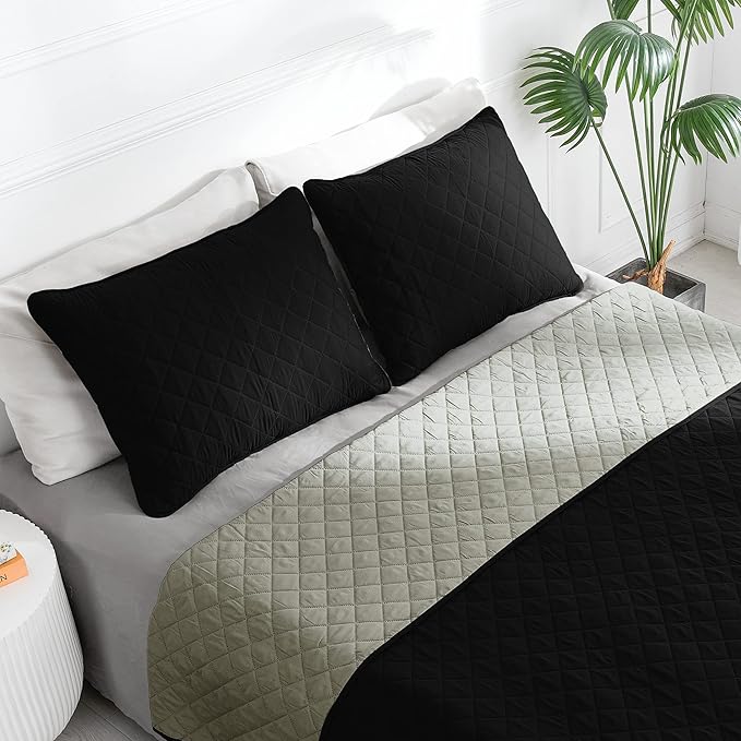 Easy-Going Twin Size Reversible Quilt Set with 1 Quilt and 1 Pillow Shams, Soft Bed Quilt Cover, Water Resistant Lightweight Microfiber Bedspread, Stain Resistant, Black/Beige