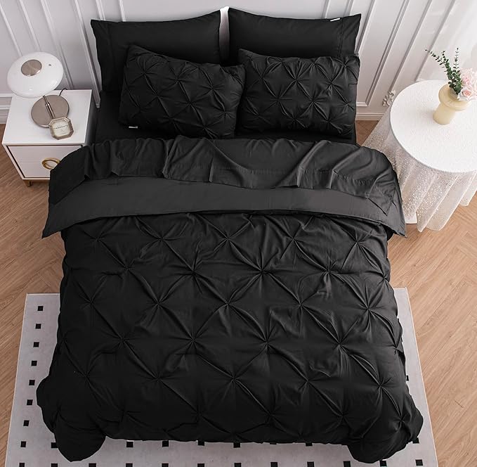 LANE LINEN 7 PCs Comforter Set Queen Size - Hotel Style Black Queen Comforter Set with Sheets - All-Season Puffy, Trendy Design, Deep Pocket Sheets, Pillowcases & Shams - Durable Queen Bed Set – Black | Extra puffy feel, Durable daily use, Secure pocke...