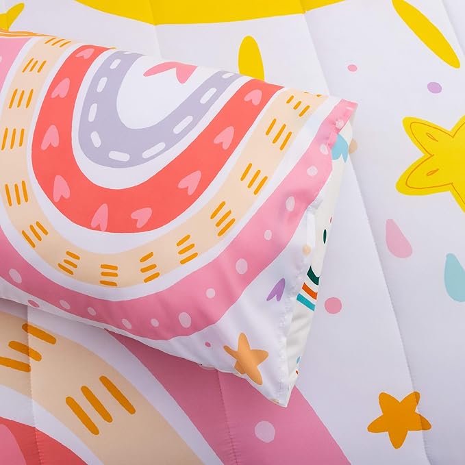 Btargot Lightweight Soft 3 Piece Rainbow Comforter Set with 2 Pillow Covers, Cartoon Love Hearts Flowers and Sun Star Bedding Set for Girls Boys Kids, Twin Pink