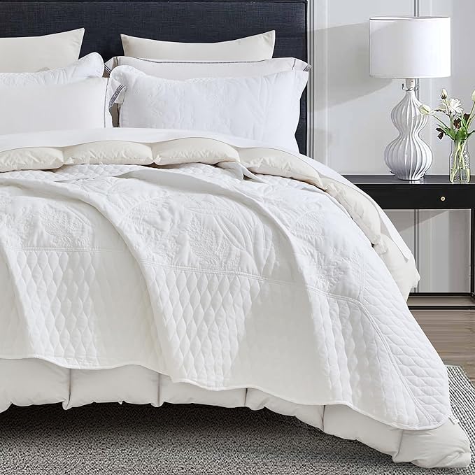 Botanical Oversized Bedspread Queen Size - Leaves Pattern Stitching Quilt Set - Elegant & Fresh Style Bedding Coverlets, Reversible, Lightweight, 5 Piece, White