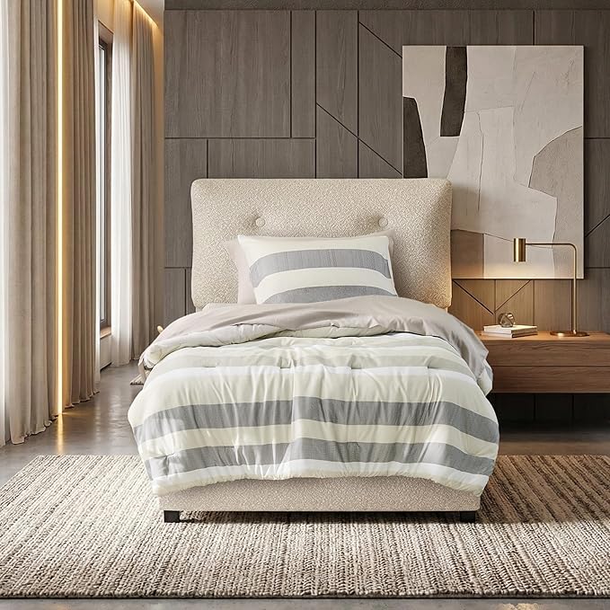 Twin Size Striped Comforter Set, Soft Microfiber Reversible Bedding Sets for All Season 5 Pieces Neutral Bed in A Bag Set with Comforter, Sheets, Pillowcase & Sham