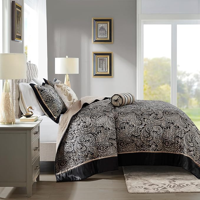 Madison Park Aubrey Reversible Quilted Bedspread Set, Solid Reverse Summer Breathable, Lightweight All Season Bedding Layer, Matching Shams, Bedspread Queen(102"x118"), Black 5 Piece