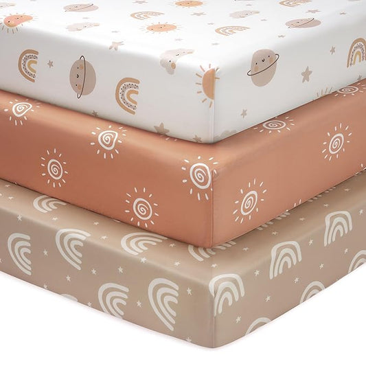 Baby Crib Sheets for Boys and Girls, 3 Pack Fitted Toddler Bed Sheets Neutral for 52”x28” Standard Crib and Toddler Mattresses, Super Soft Microfiber Orange Sun Rainbow