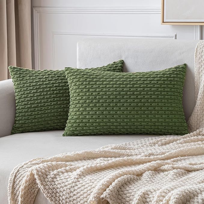 MIULEE Pack of 2 Decorative Lumbar Throw Pillow Covers 12x20 Inch Soft Boho Striped Textured Corduroy Pillow Covers Modern Farmhouse Home Decor for Couch Bed Sofa Living Room Moss Green