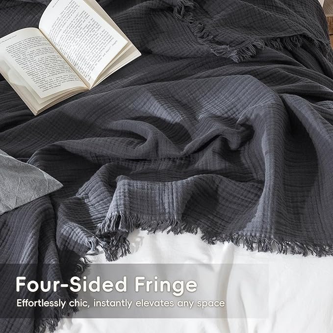MooMee Muslin Blanket - 100% Cotton 4-Layer Gauze Throw Blanket with All-Around Fringe, Ultra-Soft Breathable Lightweight Cooling Decorative for Bed, Sofa & Couch (Dark Grey,Twin XL 66" x 90")