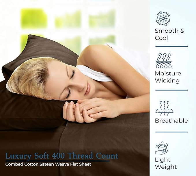 400 Thread Count 100% American Grown Cotton Flat Sheet - Cooling Sheets - Queen Sheets - Luxury Sateen Weave - Queen Flat Sheet Sold Separately - Chocolate Flat Sheet Only (Queen, Egyptian Camel)