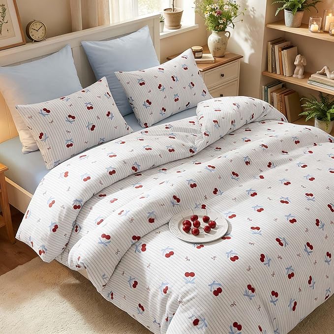 Nayoroom Blue Striped Bow Duvet Cover Queen Size Red Cherry Duvet Cover 3 Pieces Soft Lightweight Microfiber Girls Cute Aesthetic Dorm Bedding Set with Zipper Closure
