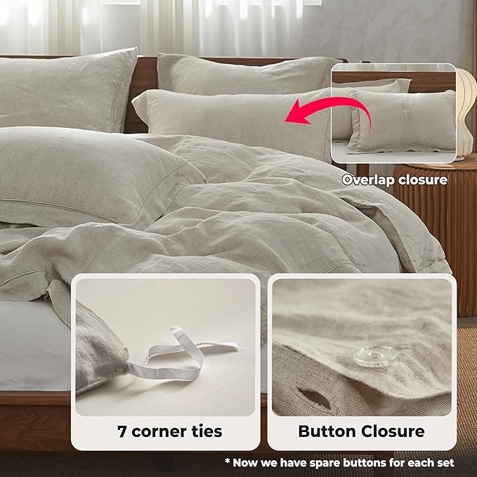 Simple&Opulence 100% Washed Linen Duvet Cover Set with Embroidered,3 Pieces Soft Farmhouse Comforter Set with Button Closure,1 Duvet Cover and 2 Pillowshams(King,Natural Linen)