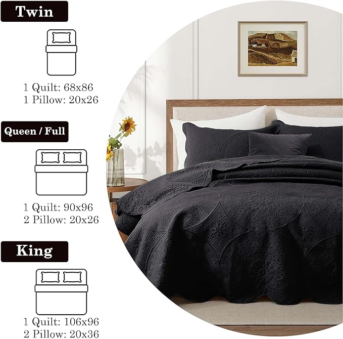 IR Imperial Rooms California King Quilt Bedding Set Size (118"x106") + 2 Pillow Shams (20" x 36"+ 2") - 3 Pcs All Season Reversible Microfiber Coverlet Embossed Floral Quilt Bedspread (Black)