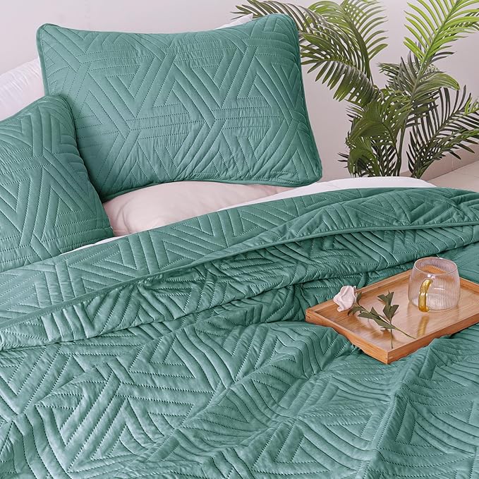 Whale Flotilla Soft King Size Quilt Set for All Seasons, 3-Piece Ultrasonic Geometric Quilts Bedding Set, Lightweight Reversible Bedspread, Coverlet, Bed Cover with 2 Pillow Shams, Turquoise Green