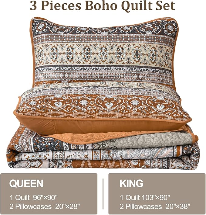 WONGS BEDDING Boho Quilt Set Full, Brown Grey Bohemian Quilt Bedding Set, Ultra Soft Lightweight Bedspread for All Season Reversible Microfiber Coverlet Bedding Set 90"x78"(3 Pieces)