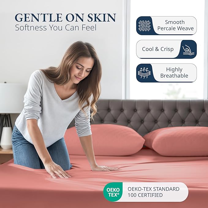 LANE LINEN King Size Fitted Sheet, 100% Organic Cotton, 3-Piece Set (1 Fitted Sheet,2 Pillowcases), Percale Weave, Ultra Soft, Breathable,Fits Mattress Upto 15" Deep - Rose Dawn (No Flat Sheet)