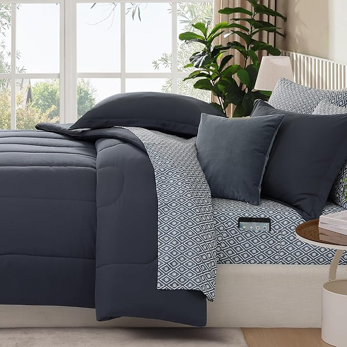 Monbix Full Size Comforter Set - 7 Pieces Bed in a Bag Full, Blue Grey Track Stitching Bedding Sets with Comforter, All Seasons Comforter Bed Set with Sheets, Pillowcases & Shams