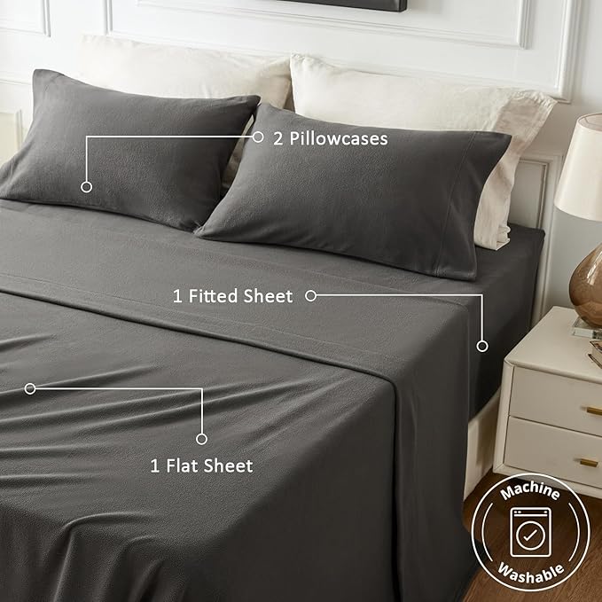 Love's cabin Fleece Queen Sheet Set - 4 Pcs Dark Grey Winter Soft Plush Polar Fleece Bed Sheets Set with 16" Deep Pocket,Cozy Warmth for Cold Season(1 Flat Sheet,1 Fitted Sheet,2 Pillow Cases)