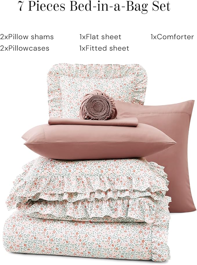 King Comforter Set - 7 Pieces Ruffle Pink Ditzy Bedding Sets, Shabby Chic Farmhouse Bed in a Bag King with Floral Comforter, Sheets, Pillowcases & Shams