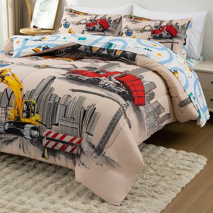 Holawakaka Trucks Tractors Cars Boy Bedding Comforter Set with Sheets, Twin Size Cartoon Construction Car Excavator Print Kids Bed in A Bag 5-Piece, Boys Reversible Dorm Bed Sets (Camel Twin)