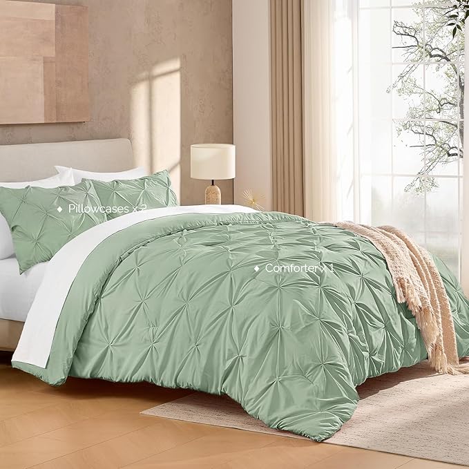 Andency Sage Green Comforter Queen Size, 3 Pieces Western Cute Pintuck Bedding Comforters & Sets for Queen Bed, All Season Solid Lightweight Soft Down Alternative Pinch Pleat Bed Set