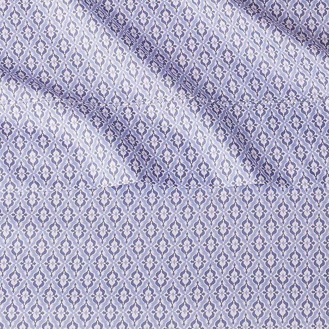 Amazon Basics Lightweight Super Soft Easy Care Wrinkle-Free Breathable Brushed Microfiber 3-Piece Bed Sheet Set with 14-Inch Deep Pockets, Twin, Blue Damask, Printed