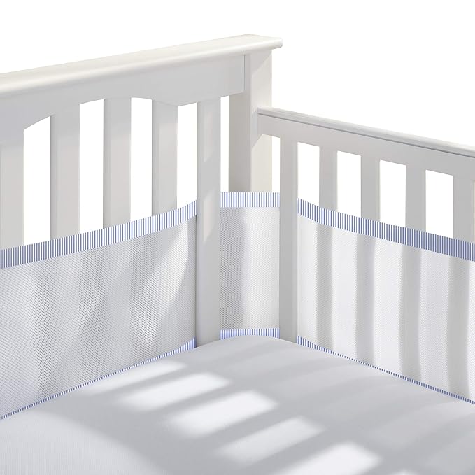 BreathableBaby Breathable Mesh Liner for Full-Size Cribs, Classic 3mm Mesh, Blue Seersucker (Size 4FS Covers 3 or 4 Sides)