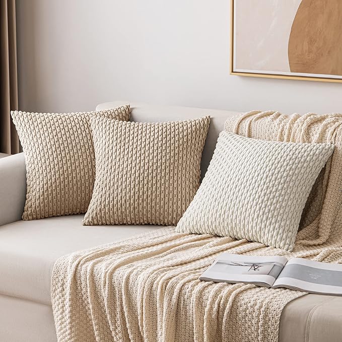 MIULEE Pack of 2 Decorative Throw Pillow Covers 16x16 Inch Soft Boho Striped Textured Corduroy Pillow Covers Modern Farmhouse Home Decor for Couch Bed Sofa Living Room Neutral Tan