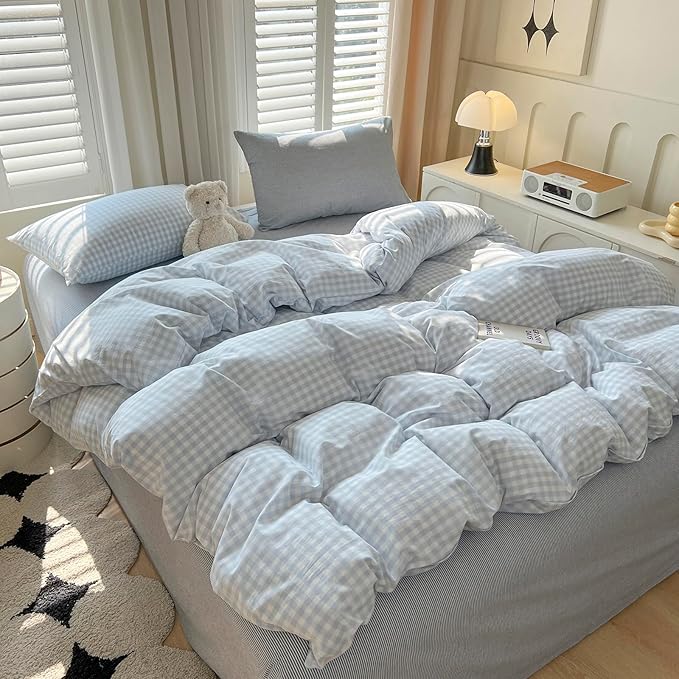 LifeTB Blue Gingham Comforter Set Twin XL 3 Pieces Blue Plaid Checkered Comforter Set Lightweight Grid Bedding Comforter with 2 Pillowcases Soft Farmhouse Gingham Bedding Set for All Seasons