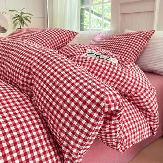 LifeTB Red Gingham Comforter Set Twin XL Modern Style Red Plaid Comforter Set 3 Pieces Soft Fluffy Grid Checkered Pattern Comforter with 2 Pillowcases Farmhouse Gingham Bedding Set Breathable