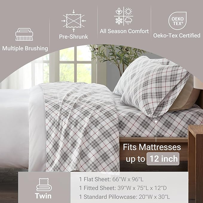 True North by Sleep Philosophy Cozy Flannel Warm 100% Cotton Sheet - Novelty Print Animals Stars Cute Ultra Soft Cold Weather Bedding Set, Twin, Red Plaid 3 Piece