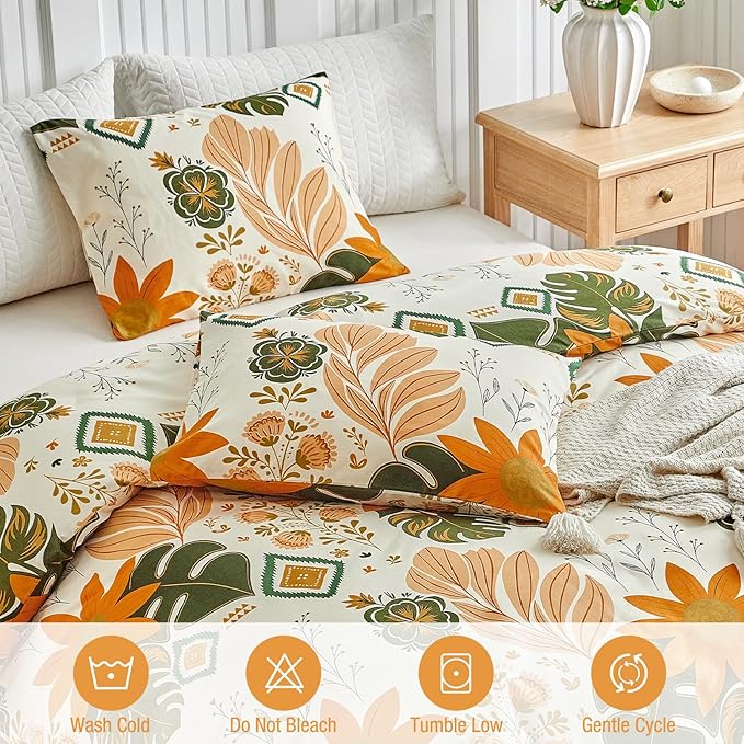 Lekesky Queen Size Reversible Duvet Cover, Duvet Cover Queen Size 3 Piece Baroque Microfiber Botanical Bedding Set with Zipper Closure 8 Corner Ties