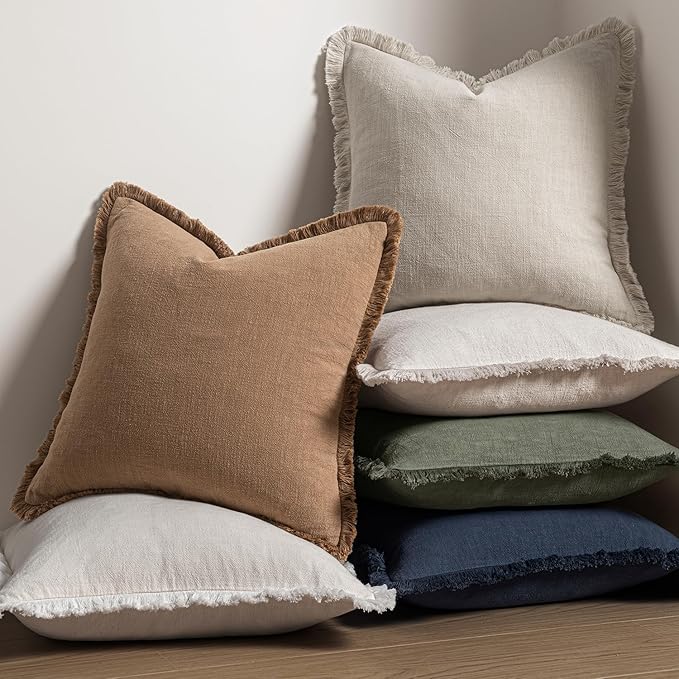 MIULEE Decorative Throw Pillow Covers Neutral Linen Fringe Throw Pillows Euro Shams Set of 2 Natural Beige Boho Farmhouse Cushion Covers for Couch Sofa Bed Living Room Spring Home Decor 22x22 Inch