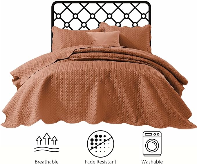 IR Imperial Rooms Twin Quilt Bedding Set Size (68” x 86”) + 1 Pillow Shams (20” x 26” + 2”) - 2 Pcs All Season Lightweight Reversible Microfiber Coverlet Embossed Quilt Bedspread (Rust)