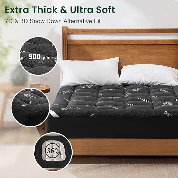 Love's cabin Full Size Mattress Topper Viscose Derived from Bamboo, Thick Pillow Top Mattress Pad with Stretchable Pockets for 8"-20" Mattress, Soft Cooling Mattress Topper for Hot Sleepers, Black
