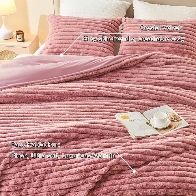 EMME Faux Fur Duvet Cover Queen Size, 3 Pieces Ultra Soft Fluffy Comforter Cover, Cozy Warm for Winter, Luxury Elegant Shaggy Striped Design Bedding, 1 Duvet Cover & 2 Pillow Shams (Queen, Old Pink)
